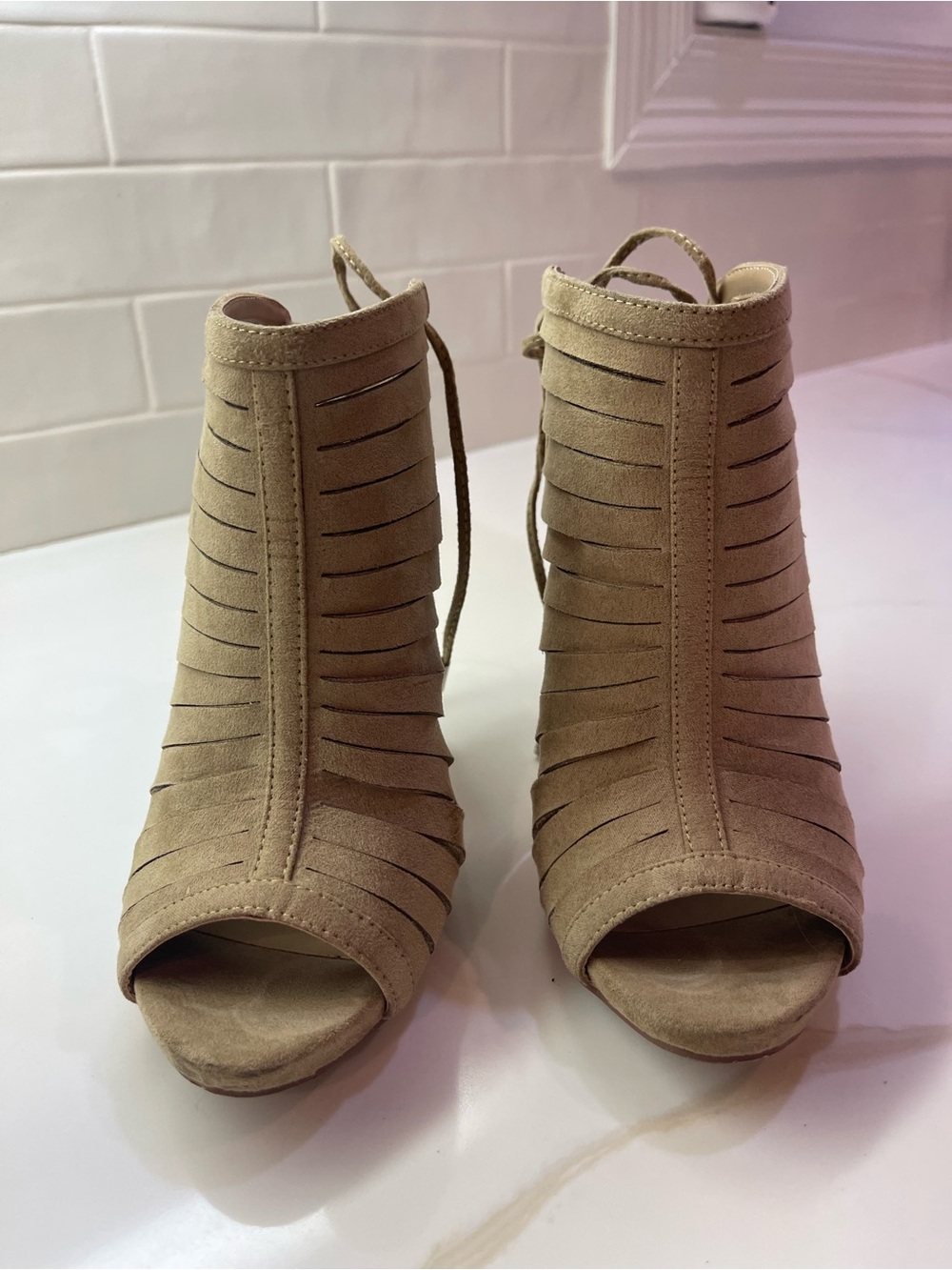 Lace-Up Peep Toe Suede Booties in Tan